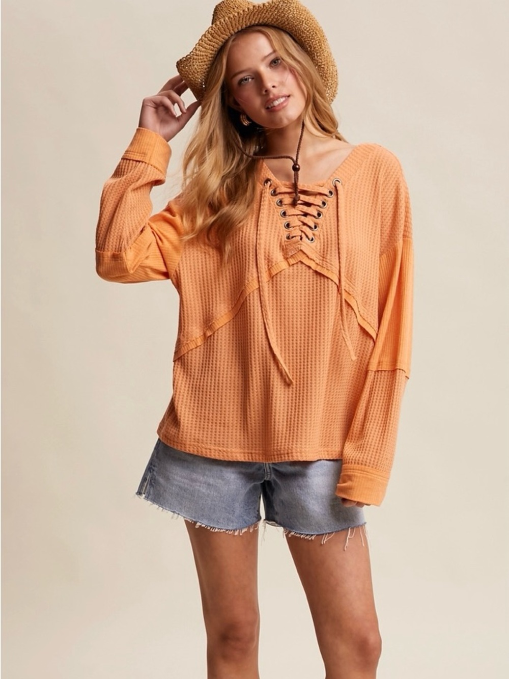 Waffle Knit Lace-Up Long Sleeve Top - Orange - Lightweight fabric - Small - NWT